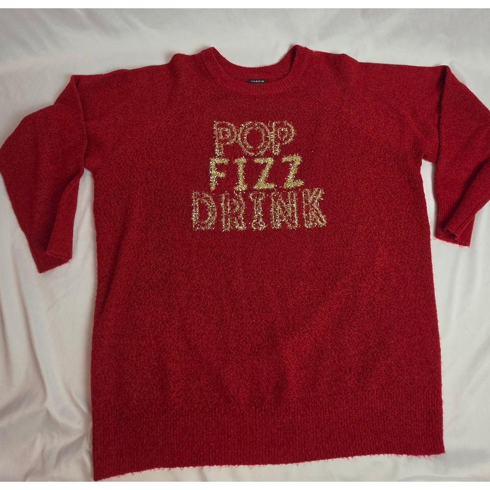 Torrid Red Pop Fizz Drink Holiday Sweater Gold Tinsel Graphic Knit Plus Size 2